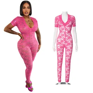 2024 Summer New Women'S Short Sleeve Hollow Out Sexy Deep V-Neck Pink See Through Lace Up High Waist Jumpsuit