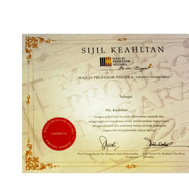 Kertas keamanan cetak kustom sertifikat keaslian sertifikat penghargaan