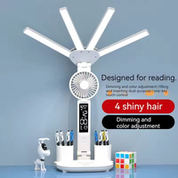 Lampe de bureau LED à quatre têtes avec calendrier, horloge, ventilateur, commande tactile, porte-stylo, alimentation DC/AC, protection oculaire, intensité réglable pour chambre/étude/lecture