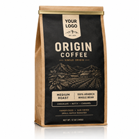 Sachet de café en papier kraft personnalisé avec fermeture à boucle métallique, étiquette noire mate, emballage pour grains de café d'origine unique
