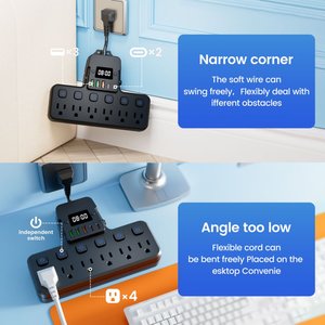 LED 시계가 있는 스마트 멀티탭 & 6개의 AC 콘센트, 12-in-1 벽걸이형 데스크탑 충전 스테이션, 서지 보호 및 유연한 코드 - Product Image 6