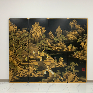 Paravento in Stile Cinese Dipinto a Mano con Sfondo Nero, Artigianato in <span class=keywords><strong>Legno</strong></span> Laccato Retrò, Mobile Pieghevole - Product Image 2