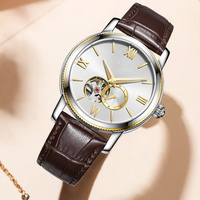 Montre mécanique unisexe de haute qualité avec verre en cristal, boîtier en acier inoxydable, bracelet en cuir, squelette, chiffres romains, minimaliste, double affichage