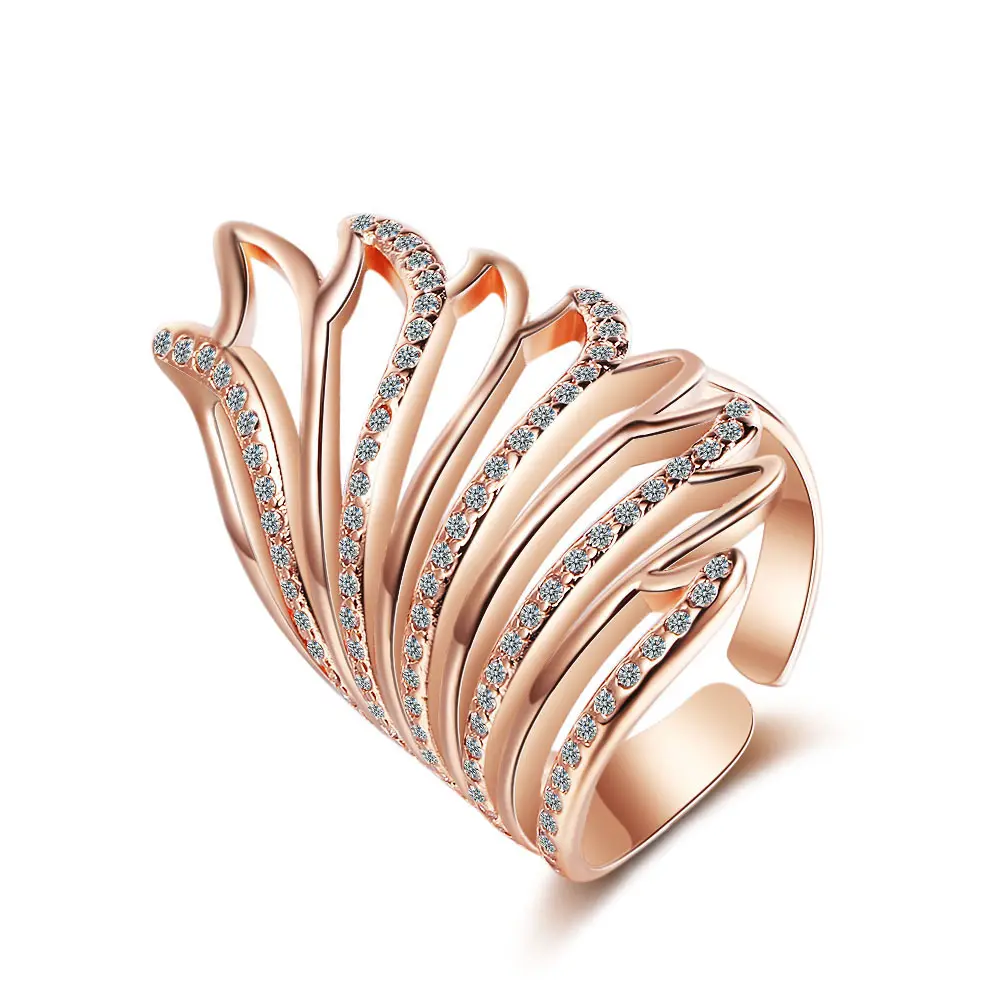 Rose Gold Plated Angel Wings Cubic Zirconia Ring Big Feather Ring Adjustable Open Thumb Rings Jewelry Gift For Women Girls