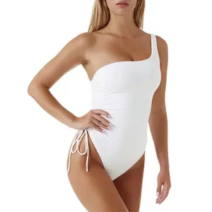 2024 Atacado Cor Sólida Um-Ombro Swimwear Com Sexy Bikini Surfer Mulheres Praia Swimsuit