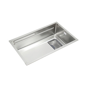 Évier de cuisine en acier inoxydable SUS304 brossé satiné à bord étroit 750x450mm, double nervure, cuve unique avec panier de récupération des déchets - Product Image 1