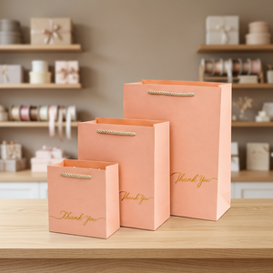 Bolsas de Regalo de Papel Color Durazno con Asas de Cuerda de Algodón y Estampado de Agradecimiento en Dorado, Bolsas de Embalaje Reciclables - Product Image 2