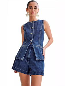 Denim 2 Pieces Outfits Summer Casual Sleeveless Women High Waist Denim Two Piece Shorts Sets For Women - Product Image 3