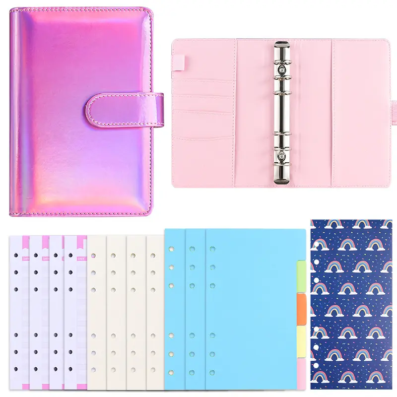 Grosir Binder Hologram A6, Notebook kulit PU holografik, penemu marmer macaron, perencana anggaran, Glitter