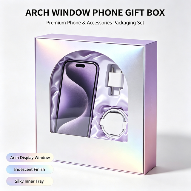 Custom Arch Window Phone Gift Box Holographic Paper Packaging Box For Phone Accessory