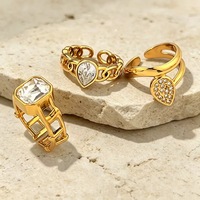Anillos Ajustables R307 de Acero Inoxidable con Baño de Oro de 18K y Circonita Cúbica, Anillos Geométricos Apilables para Mujer