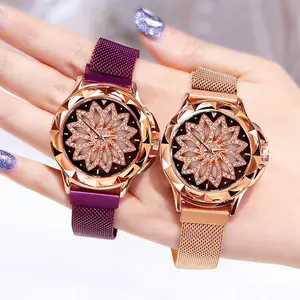New Arrival Beautiful Design Starry Sky Flower Pattern With Diamond Bracelet Watch For Women Magnetic Belt