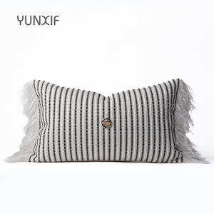 Coussin décoratif moderne tissé à rayures avec franges et <span class=keywords><strong>bouton</strong></span> décoratif, coussin lombaire Wabi-sabi pour canapé-<span class=keywords><strong>lit</strong></span> - Product Image 6