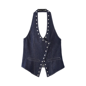 <span class=keywords><strong>Gilet</strong></span> en toile décontracté pour <span class=keywords><strong>femme</strong></span>, coupe petite, col <span class=keywords><strong>crochet</strong></span>é, style coréen occidental, <span class=keywords><strong>sans</strong></span> manches, imperméable, collection Printemps-Automne 2025 - Product Image 1