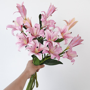 Bouquet de lys artificiels en PVC, haute simulation, pour mariage et décoration intérieure, rose diamant, à trois têtes - Product Image 1
