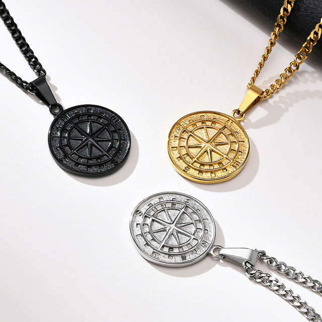 Hot Selling Men's Double-Layer Chain Necklace Compass Travel Navigation Pendant European American Hip-Hop Style Fashion