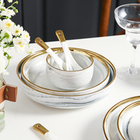 Ensemble de bols et d'assiettes en céramique à motif marbré avec bordure dorée, style luxe léger, pour la maison, vaisselle de table