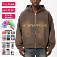 Sudadera con capucha y cremallera de algodón 100% de 380 g/m², lavada, con estampado serigrafiado desgastado, de corte regular, de felpa de algodón.