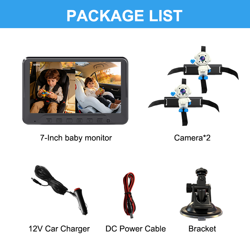 Moniteur bébé de voiture 7 pouces avec 2 caméras