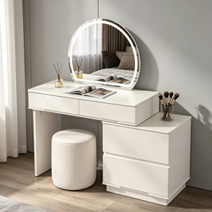 Juego de tocador extensible blanco mate liso con espejo LED redondo, cómoda lateral y taburete cilíndrico a rayas para dormitorio - Product Image 1