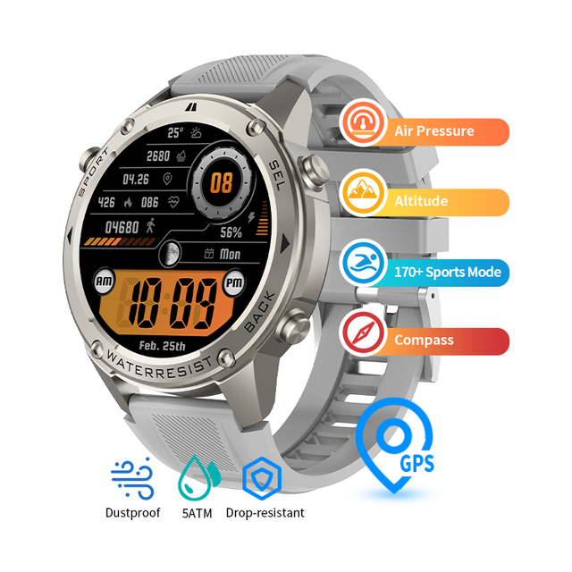 DM56 2025 Men Sport GPS tracker Smart Watch 1.43inch AMOLED 5ATM Waterproof Altitude Compass Calendar Activity Tracker