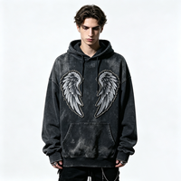 Sweat à capuche vintage déchiré avec broderie ailes d'ange, coupe oversize ample, style streetwear