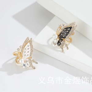 Butterfly Pearl Rhinestone Ring Gold Inlay Black White Fashion Accessory - Product Image 2