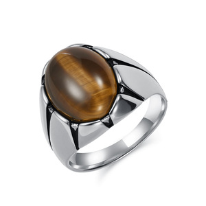 yunnique retro men's light luxury tiger eye <b>titanium</b> steel <b>ring</b> oval egg-shaped <b>black</b> gemstone stainless steel thum - Product Image 5