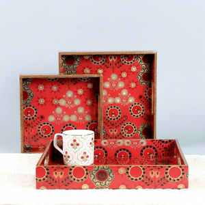 Bandejas de Almacenamiento de Madera Lacada Roja de Estilo Oriental Moderno, Diseño Rectangular Apilable, Aptas para Lavavajillas, Fáciles de Limpiar, para Organizar la Mesa - Product Image 1