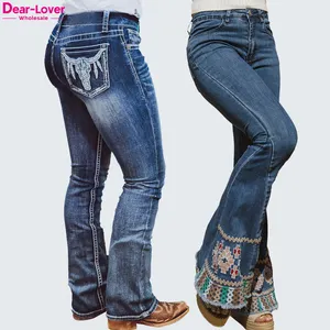 Dear-Lover Calça jeans para mulheres com perna reta, roupas ocidentais personalizadas para mulheres, fralda alta bordada de vaca, transporte rápido por atacado