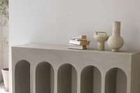 Mobilier de salon nordique antique japandi wabi sabi table d'appoint en béton table console en bois salon avec des arcs
