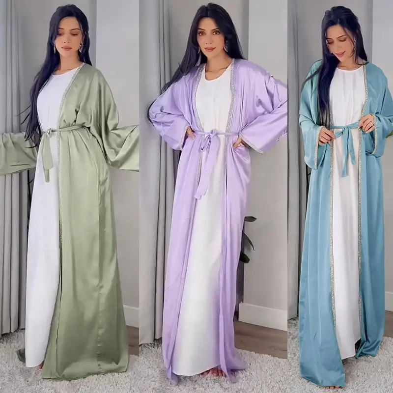 Eid Ouvert Satin Abaya Deux Pièces Ensembles Kimono Islamique Arabe Brillant Paillettes À Lacets Cardigan Turquie Robe Musulmane Dubaï Caftan Abaya