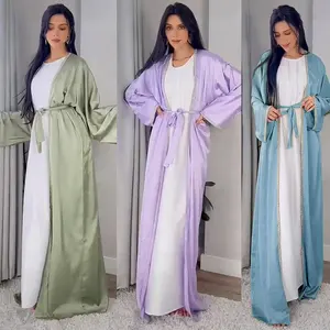 ईद ओपन साटन Abaya दो टुकड़ा सेट किमोनो इस्लामी अरब चमकदार सेक्विन फीता-अप कार्डिगन तुर्की मुस्लिम पोशाक दुबई कफ्तान Abaya