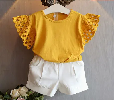 Korean girls 2019 summer refreshing hollow sleeves solid color T-shirt fashion children baby boys' clothing sets girl