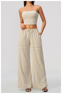 Conjunto de Dos Piezas a Rayas, Pantalones Acampanados de Cintura Alta, Top Corto, Cintura Elástica, Atuendo Casual para Mujer, Poliéster Transpirable, Primavera/Verano - Product Image 2