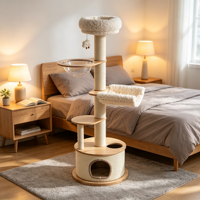 Arbre à chat multi-niveaux CreamDen 152,5 cm avec structure en MDF et placage de bois de bruyère, tressé de sisal, avec niche pour chat, bol en acrylique transparent et grand panier en peluche