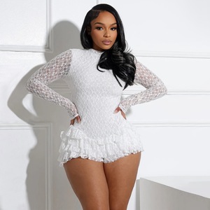 Women's Fashion Sexy Solid Color <strong>Lace</strong> Long Sleeve Backless Mini Shorts Wholesale Nightclub Party Jumpsuit Playsuit <strong>Rompers</strong> - Product Image 2