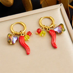 Hoop Earrings Red Chili Pepper Butterfly Charm Gold Plated Stainless Steel Fashion Dangle Earrings - Product Image 1