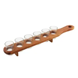New Style 6 Cups Paddle Style Wooden Shot Glass Tray Drinking Game Cup Holder