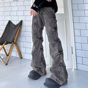 جينز رجالي جينز واسع جينز بأزرار لأسفل جينز مستقيمة فضفاضة بنمط الشارع دينم محبوك بساق متوسطة أمامي رمادي مغسول - Product Image 5