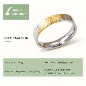 Two Tone Gold and Silver <b>Stainless</b> <b>Steel</b> Band <b>Ring</b> with Engraved Detail - Product Image 3