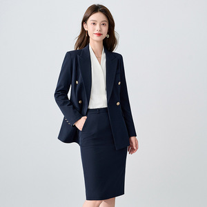 Women's Double Breasted Suit Set <b>Black</b> Wool Blend Office Lady Professional <b>Work</b> Wear Full Sleeve Anti Wrinkle - Product Image 2