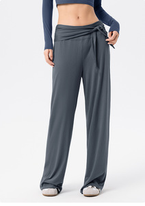 Pantalon de yoga pour femme, taille haute, coupe large, extensible, doux, ample, longueur intégrale, avec ceinture à nouer, pour le Pilates et l'entraînement sportif, vente en gros - Product Image 3