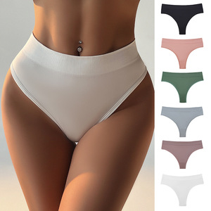 Tanga sin Costuras de Cintura Alta para Mujer, Cintura Acanalada, Suave y Elástica, Color Sólido, Transpirable, Tallas Grandes, Ropa Interior Femenina - Product Image 1