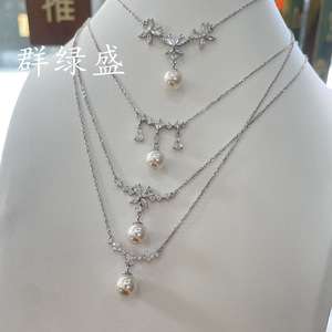 Qunlvsheng S925 Sterling <b>Silver</b> Zirconia Hollow Necklace With Pearl <b>Beads</b> Clavicle Chain White Gold Color - Product Image 2