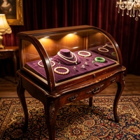 Vitrine d'îlot pour bijoux de style classique français, incurvée, avec doublure en velours, un meuble de luxe rétro, sculpté, éclairé, en verre antique