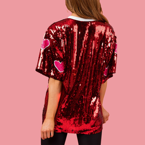 T-shirt <span class=keywords><strong>con</strong></span> paillettes oversize da donna su misura <span class=keywords><strong>con</strong></span> paillettes <span class=keywords><strong>rosso</strong></span> e rosa <span class=keywords><strong>con</strong></span> motivo a <span class=keywords><strong>cuore</strong></span> manica mezza manica Casual a coste ampio Top Fit - Product Image 5