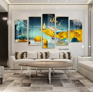 Decorazione moderna stampa UV acrilica 5 pezzi opera d'arte golden elk tree barca a vela con cornice in metallo dipinti in porcellana di cristallo wall art