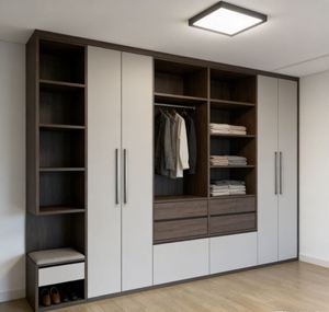 Armoire de chambre à coucher beige et bois foncé avec étagères ouvertes, tiroirs intégrés et rangement d'angle, meuble de rangement spacieux pour vêtements - Product Image 3