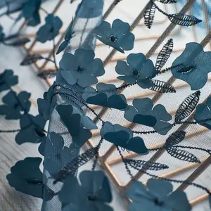 ชุดราตรีผ้าทูลล์ปักลายดอกไม้สีฟ้า3D สวยงามสำหรับงานแต่งงาน